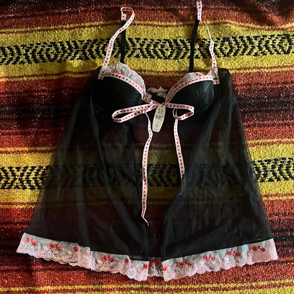 Victoria's Secret Black Sheer Babydoll with White & Pink Trim